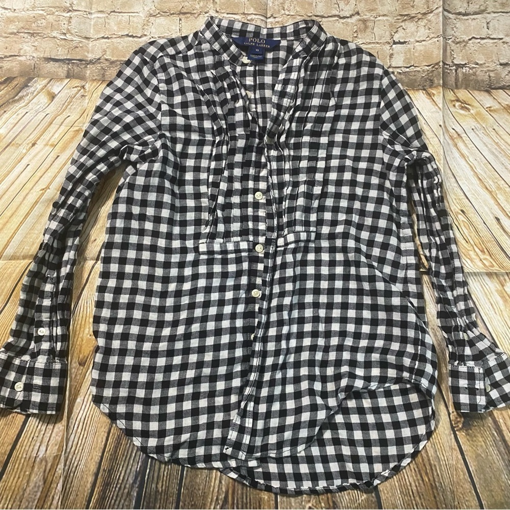 Polo Ralph Lauren‎ Black White Gingham Plaid Pleated Button Up Top